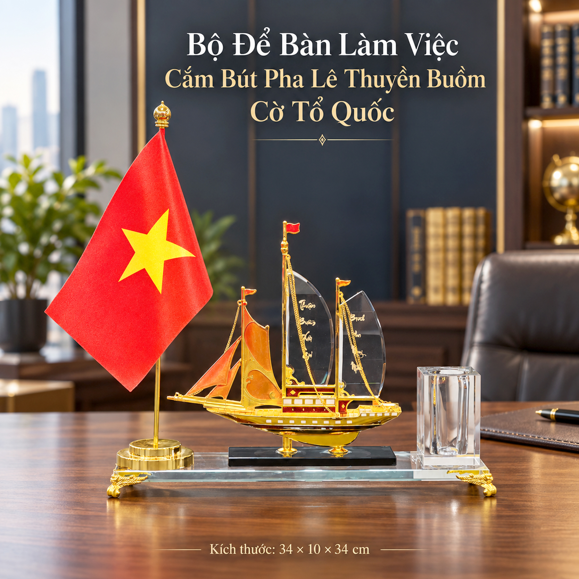 Bộ cắm bút pha lê du thuyền cờ Tổ quốc