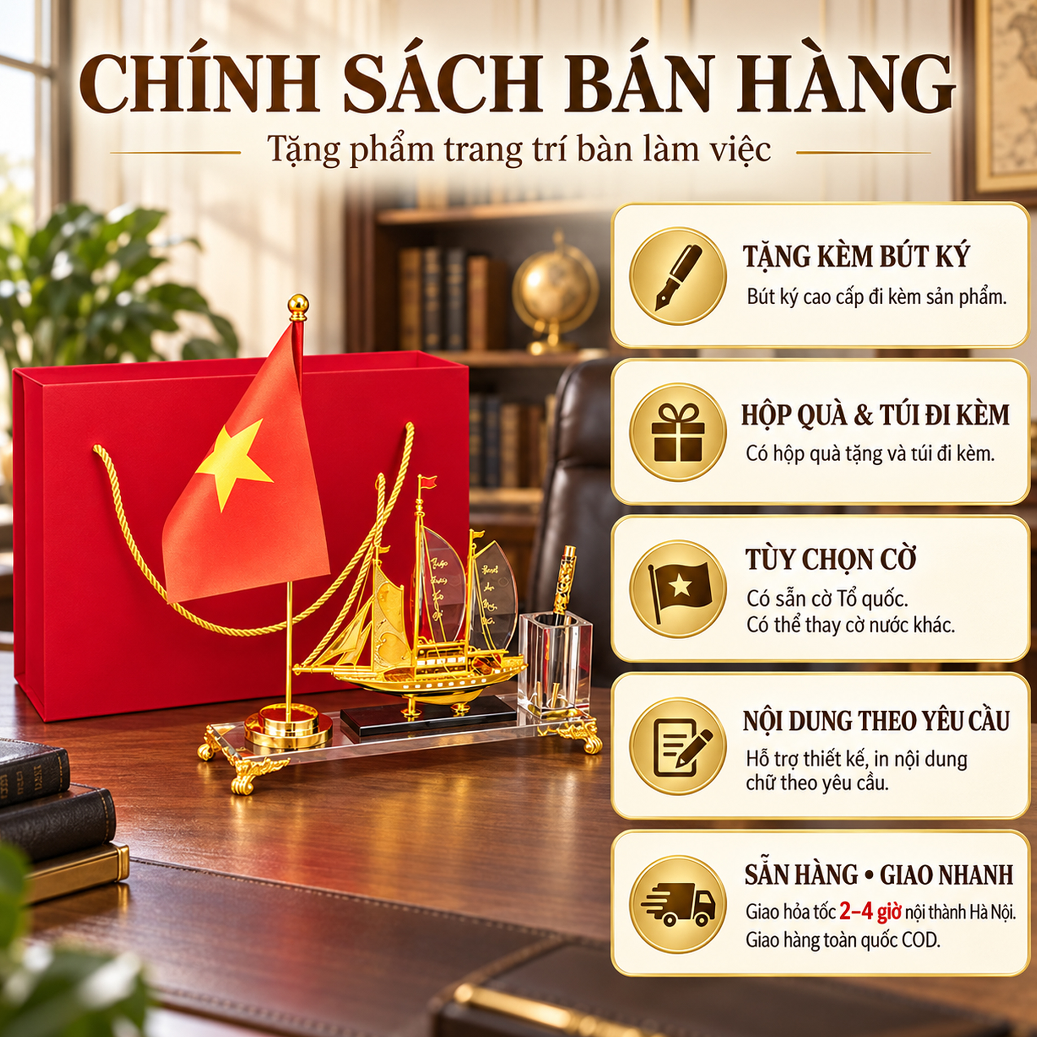 Bộ cắm bút pha lê du thuyền cờ Tổ quốc