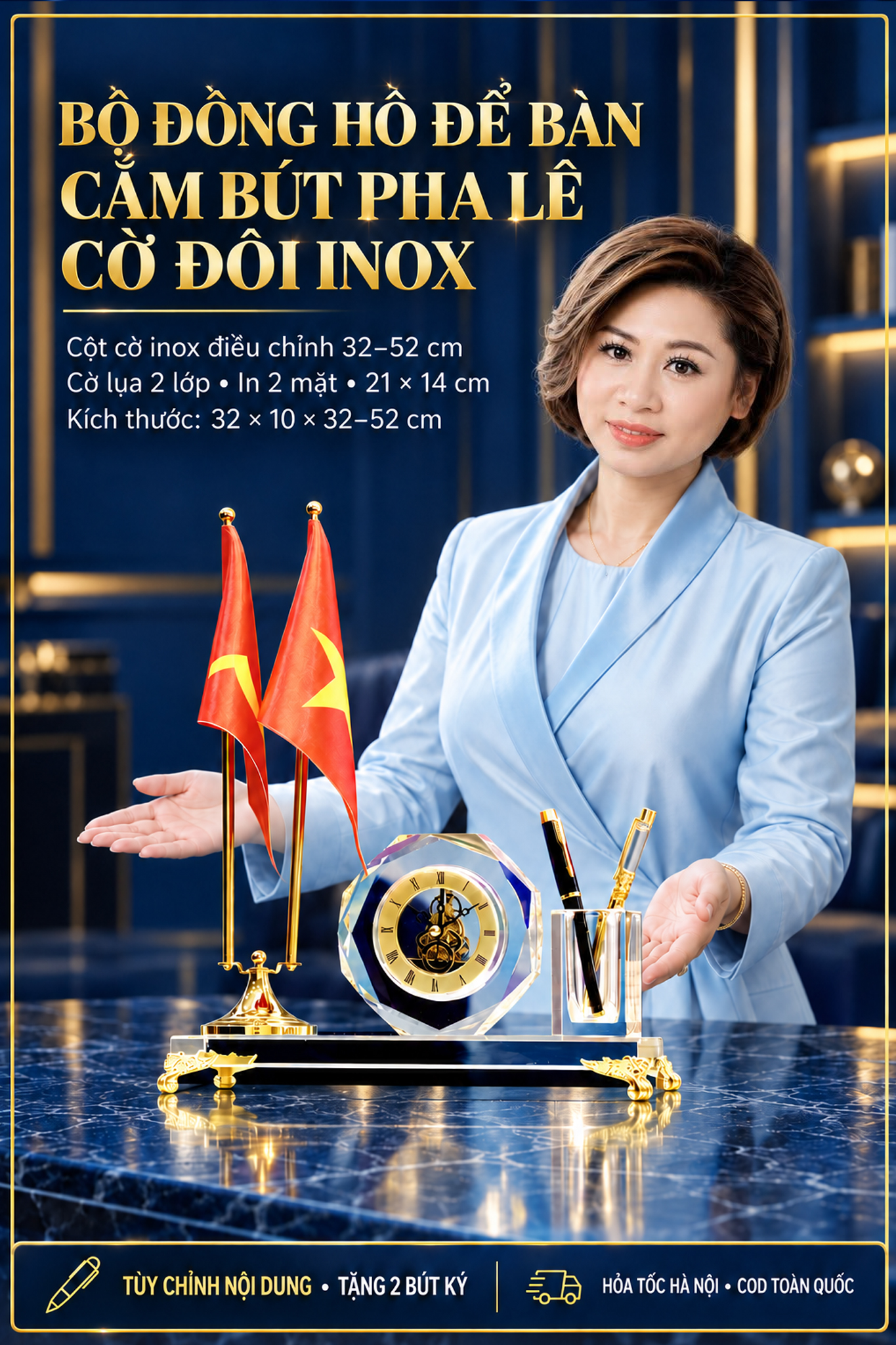 Bộ Đồng Hồ Cắm Bút Pha Lê Kết Hợp Đế Cắm Cờ Để Bàn Làm Việc