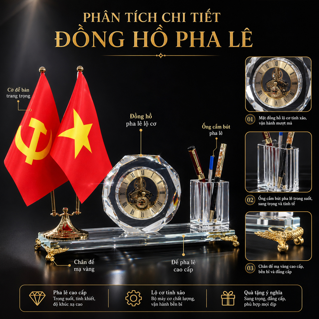 Bộ Đồng Hồ Cắm Bút Pha Lê Kết Hợp Đế Cắm Cờ Để Bàn Làm Việc