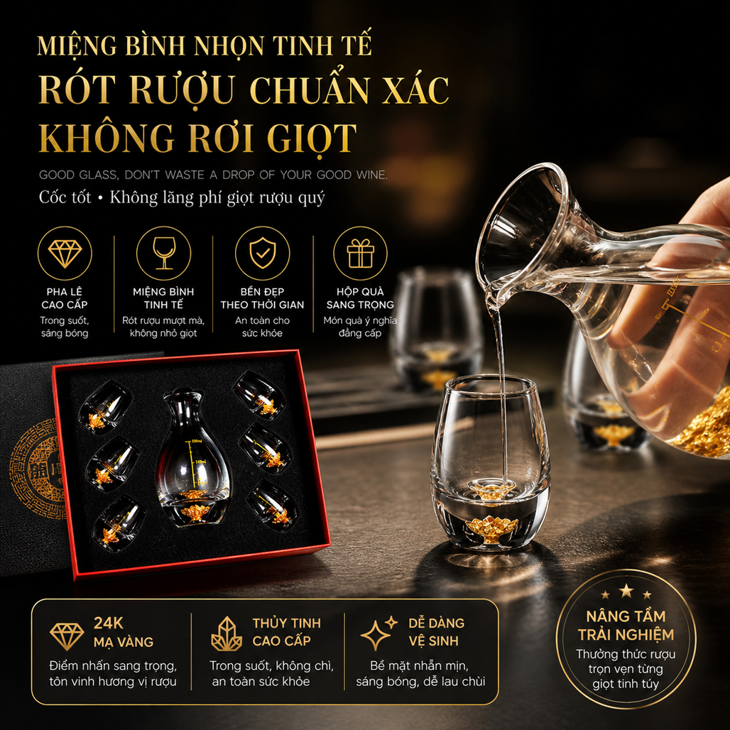 Bộ Ly Uống Tượu Pha Lê Đúc Vàng Lá 24K Quà tặng Cao cấp, Sang trọng