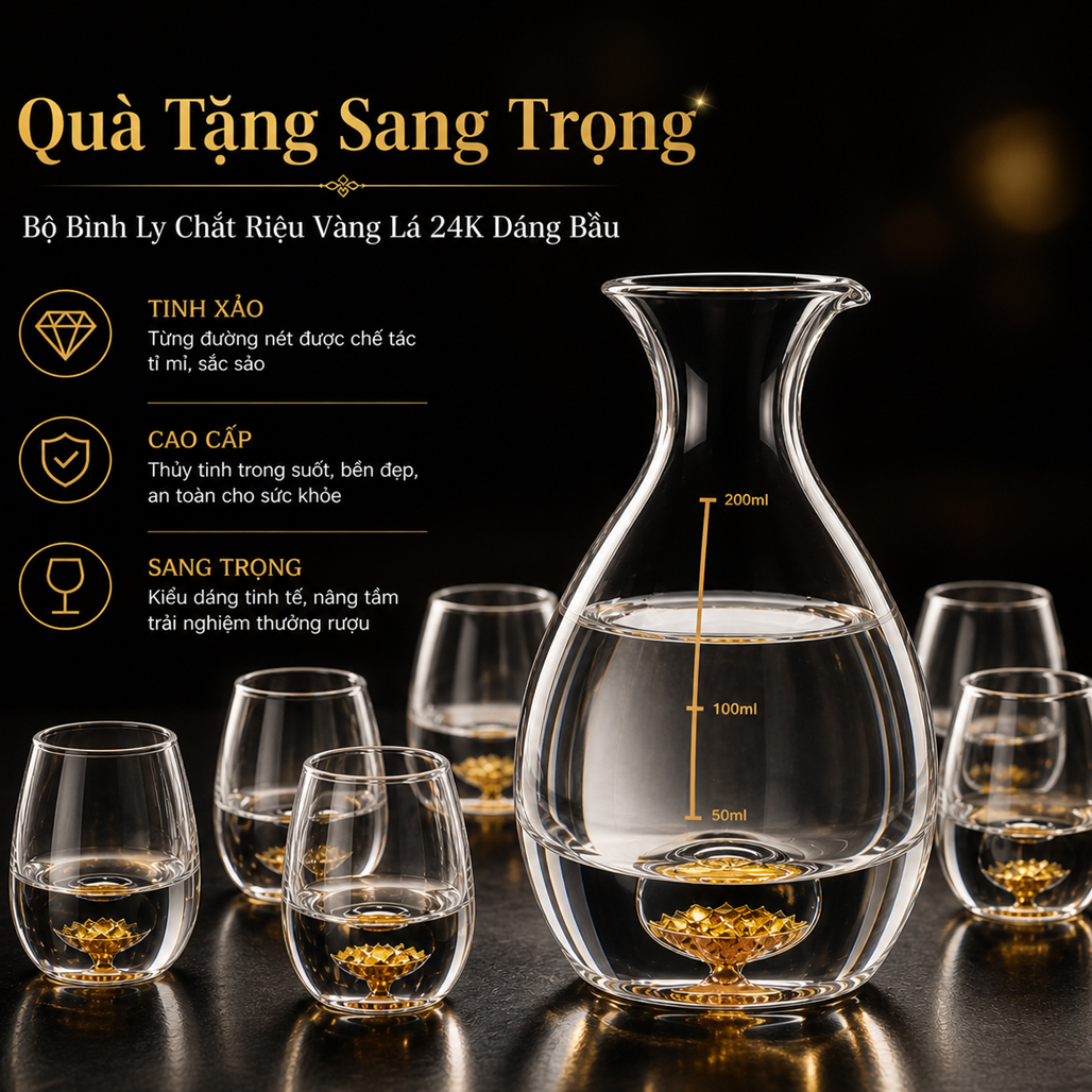 Bộ Ly Uống Tượu Pha Lê Đúc Vàng Lá 24K Quà tặng Cao cấp, Sang trọng