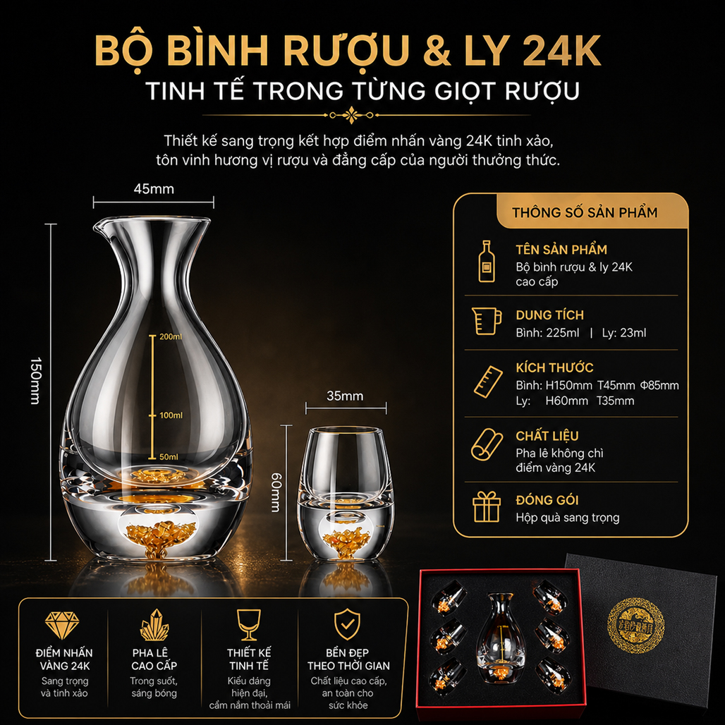 Bộ Ly Uống Tượu Pha Lê Đúc Vàng Lá 24K Quà tặng Cao cấp, Sang trọng