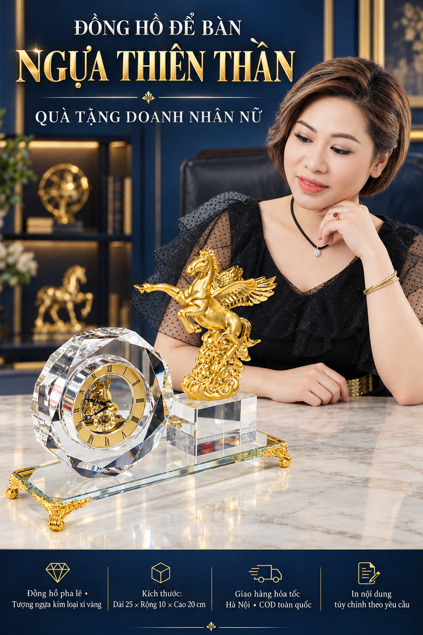 Bộ Quà Tặng Để Bàn Làm Việc Đồng Hồ Pha Lê Mã Đáo Thành Công
