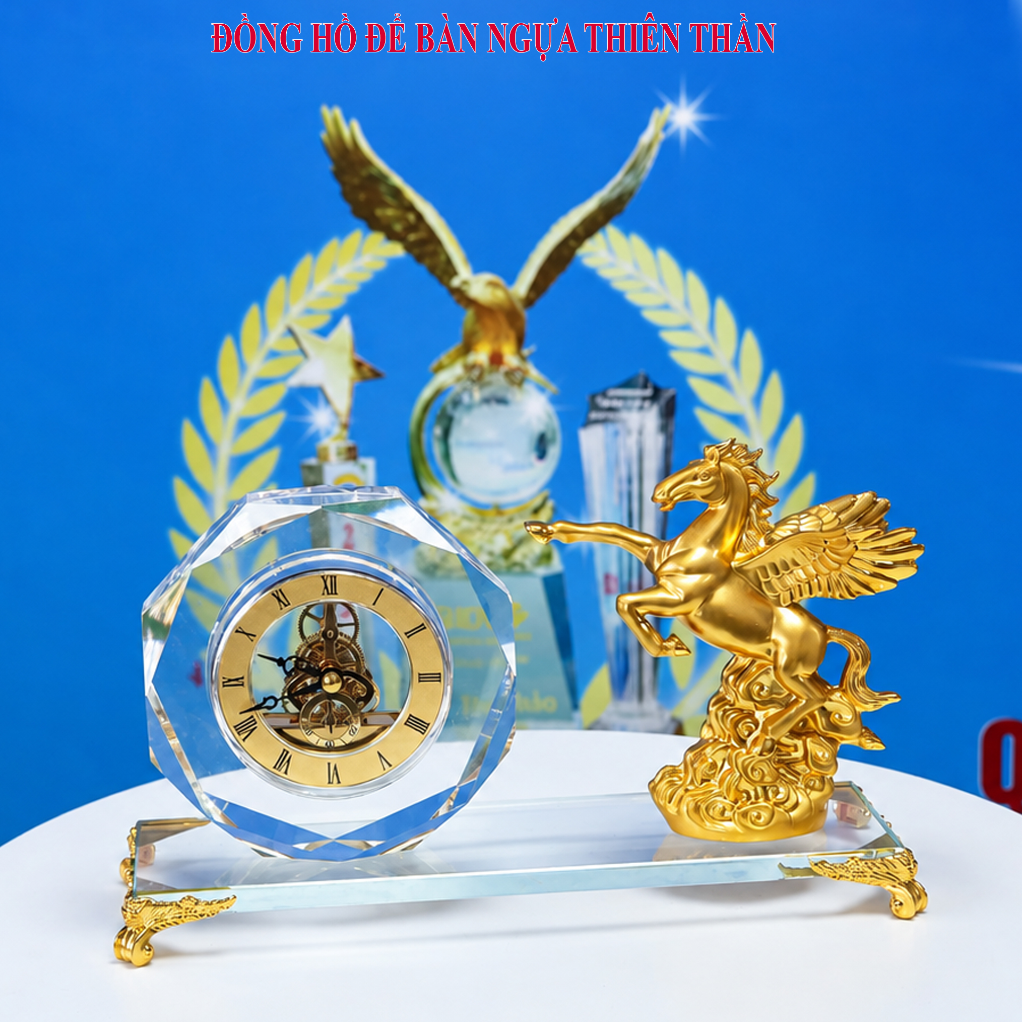 Bộ Quà Tặng Để Bàn Làm Việc Đồng Hồ Pha Lê Mã Đáo Thành Công