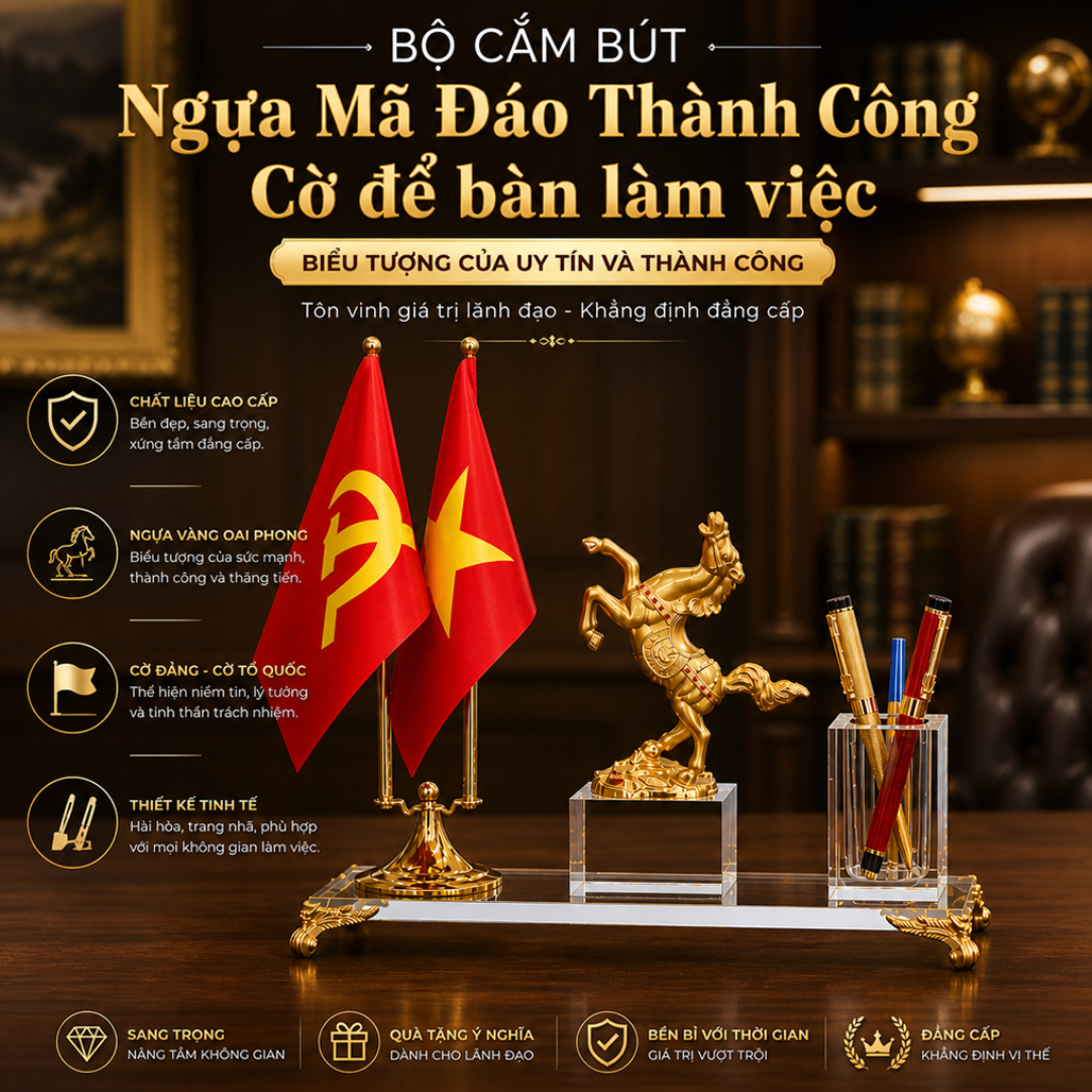 Bộ cắm bút Mã Đáo Thành Công Kết Hợp Cờ Đảng Cờ Tổ Quốc Để Bàn Làm Việc