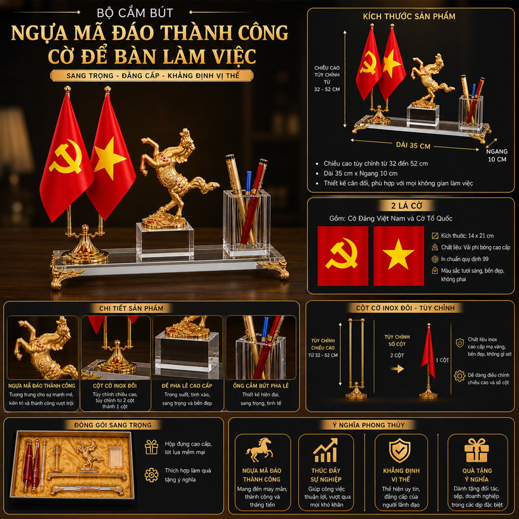 Bộ cắm bút Mã Đáo Thành Công Kết Hợp Cờ Đảng Cờ Tổ Quốc Để Bàn Làm Việc