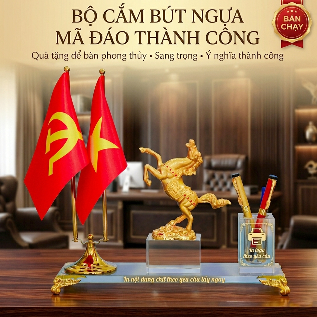 Bộ cắm bút Mã Đáo Thành Công Kết Hợp Cờ Đảng Cờ Tổ Quốc Để Bàn Làm Việc