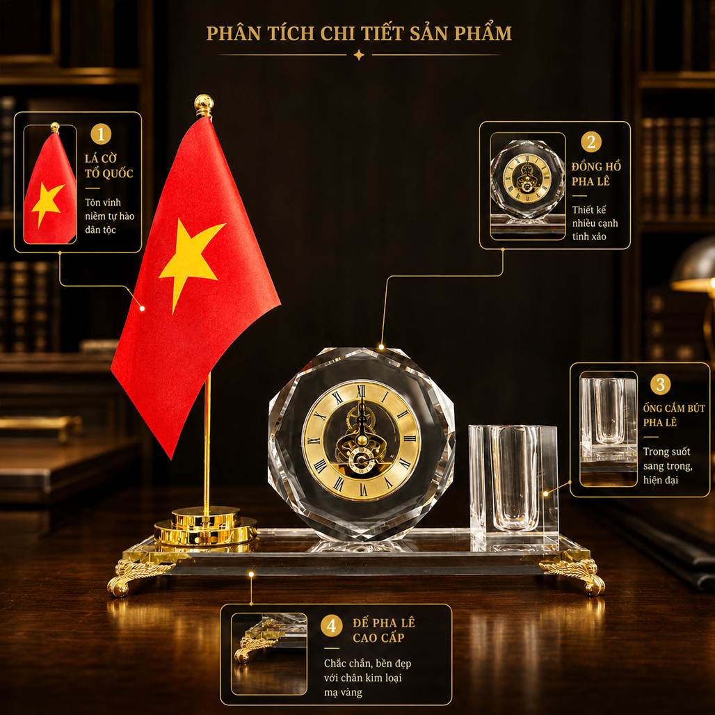 Bộ Đồng Hồ Để Bàn Cắm Bút Pha Lê Cờ Đơn