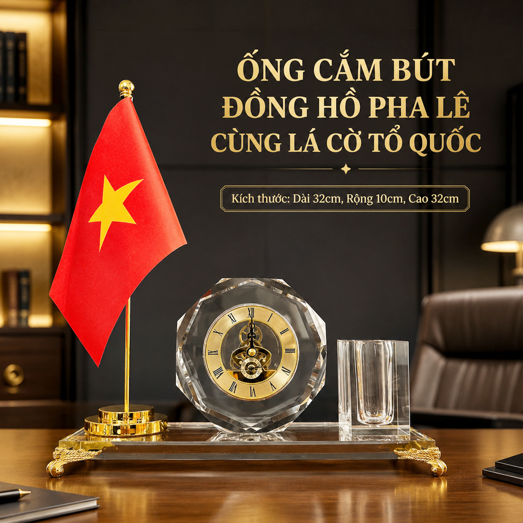 Bộ Đồng Hồ Để Bàn Cắm Bút Pha Lê Cờ Đơn