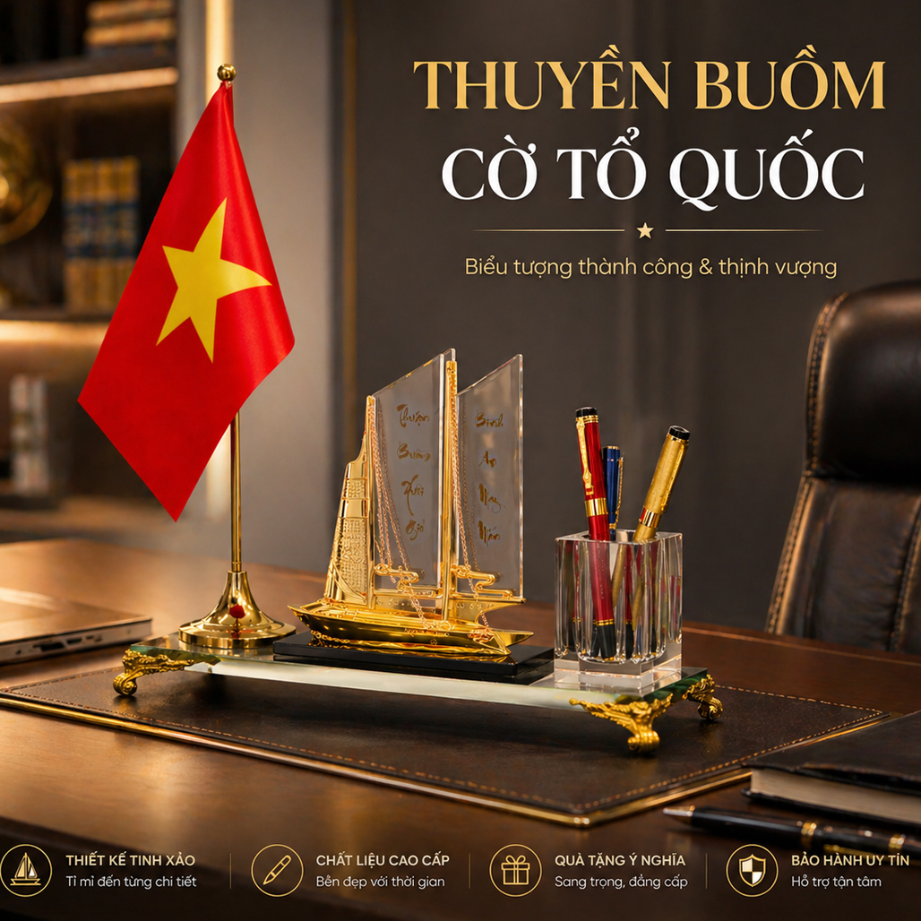 Cắm bút thuyền buồm & cờ Tổ quốc – Quà tặng lãnh đạo sang trọng
