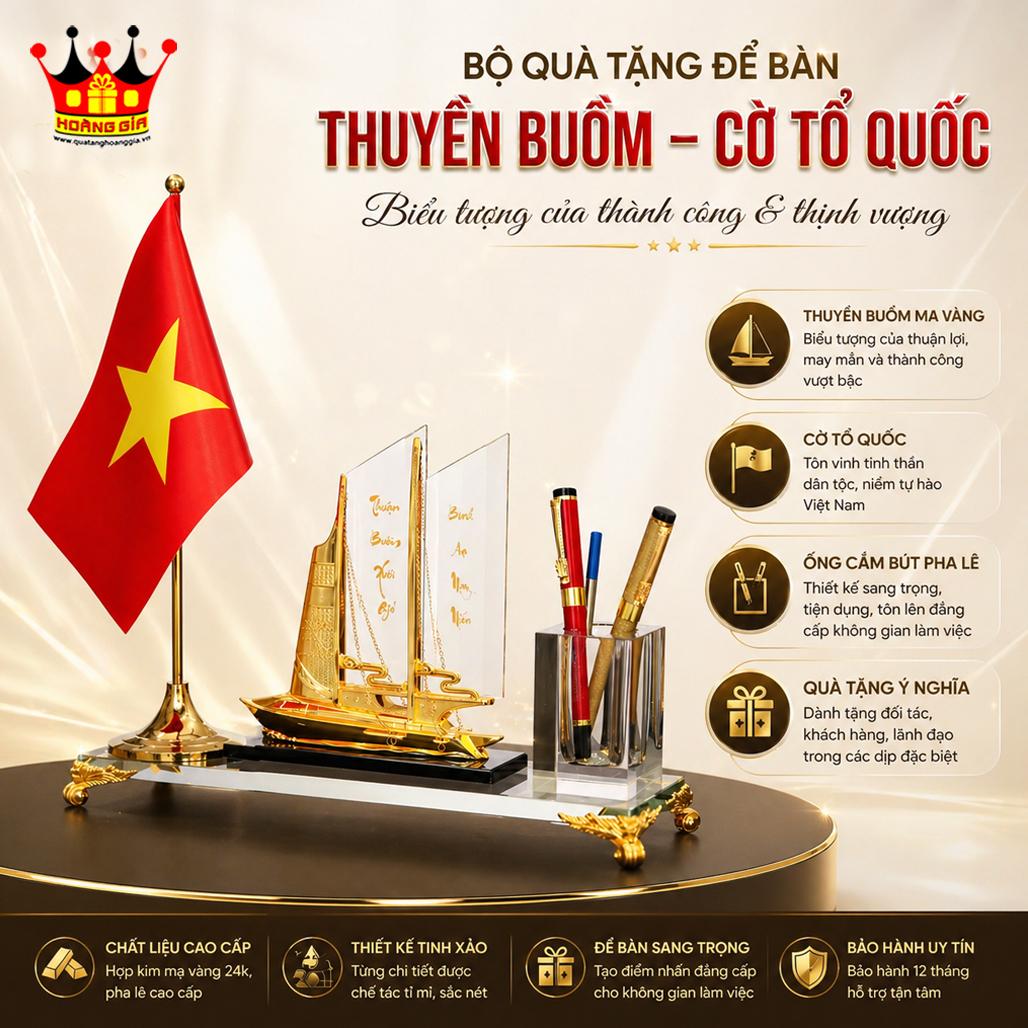 Cắm bút thuyền buồm & cờ Tổ quốc – Quà tặng lãnh đạo sang trọng