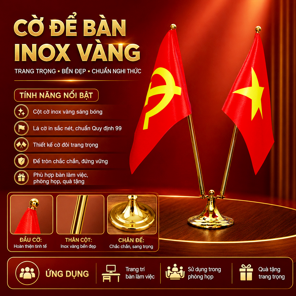 Cờ Để Bàn Làm Việc Đế Inox Vàng Sang Trọng CĐB 120A