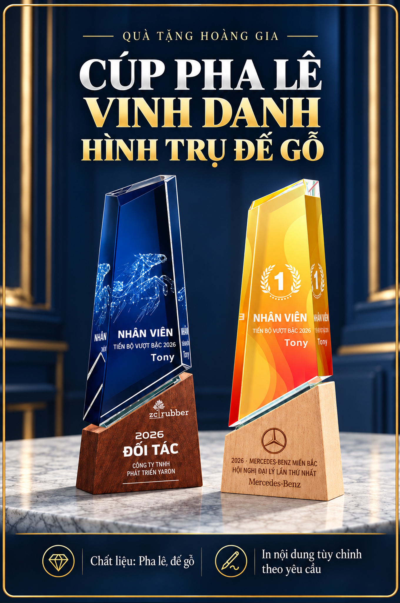 Mẫu Cúp Pha Lê Trụ Đế Gỗ