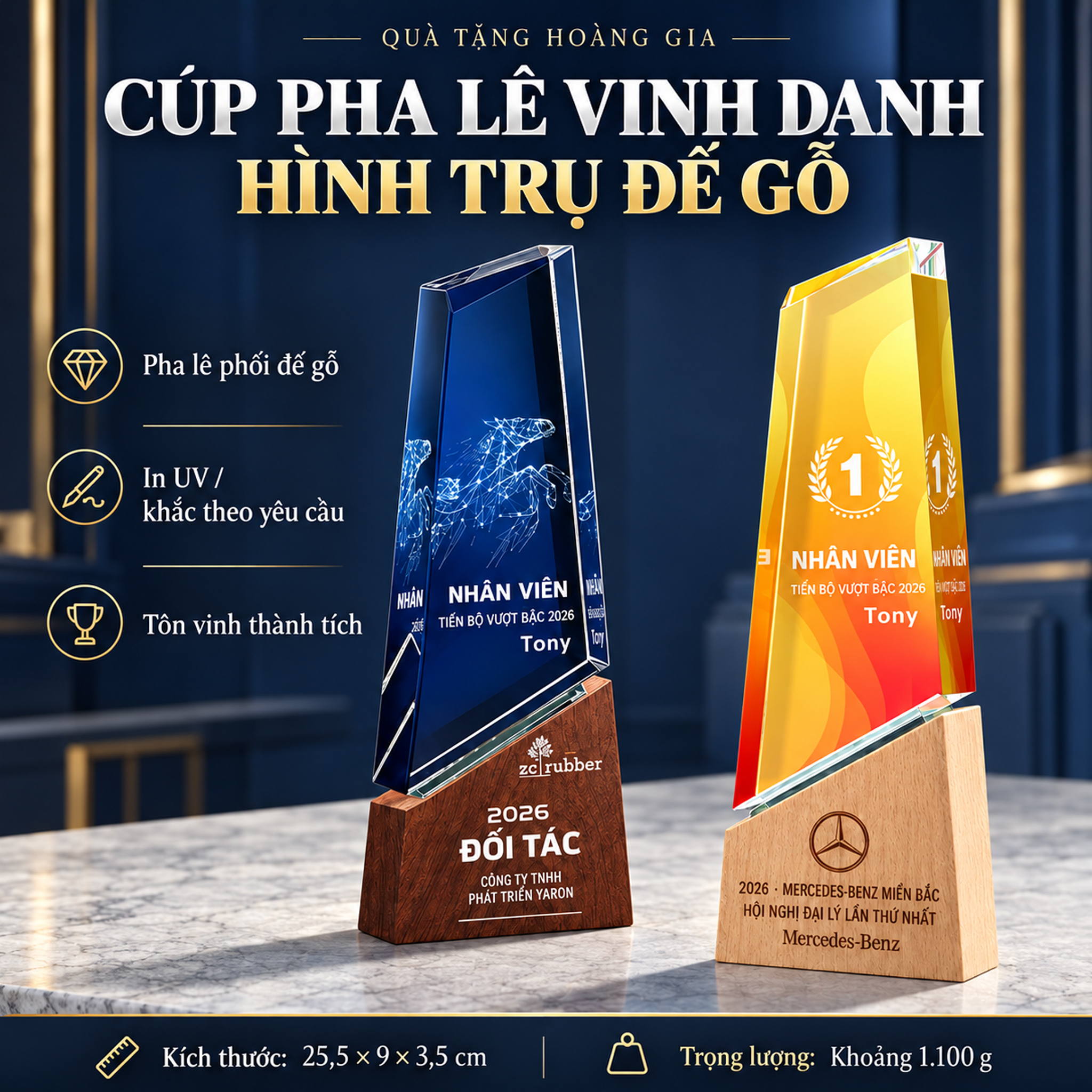 Mẫu Cúp Pha Lê Trụ Đế Gỗ