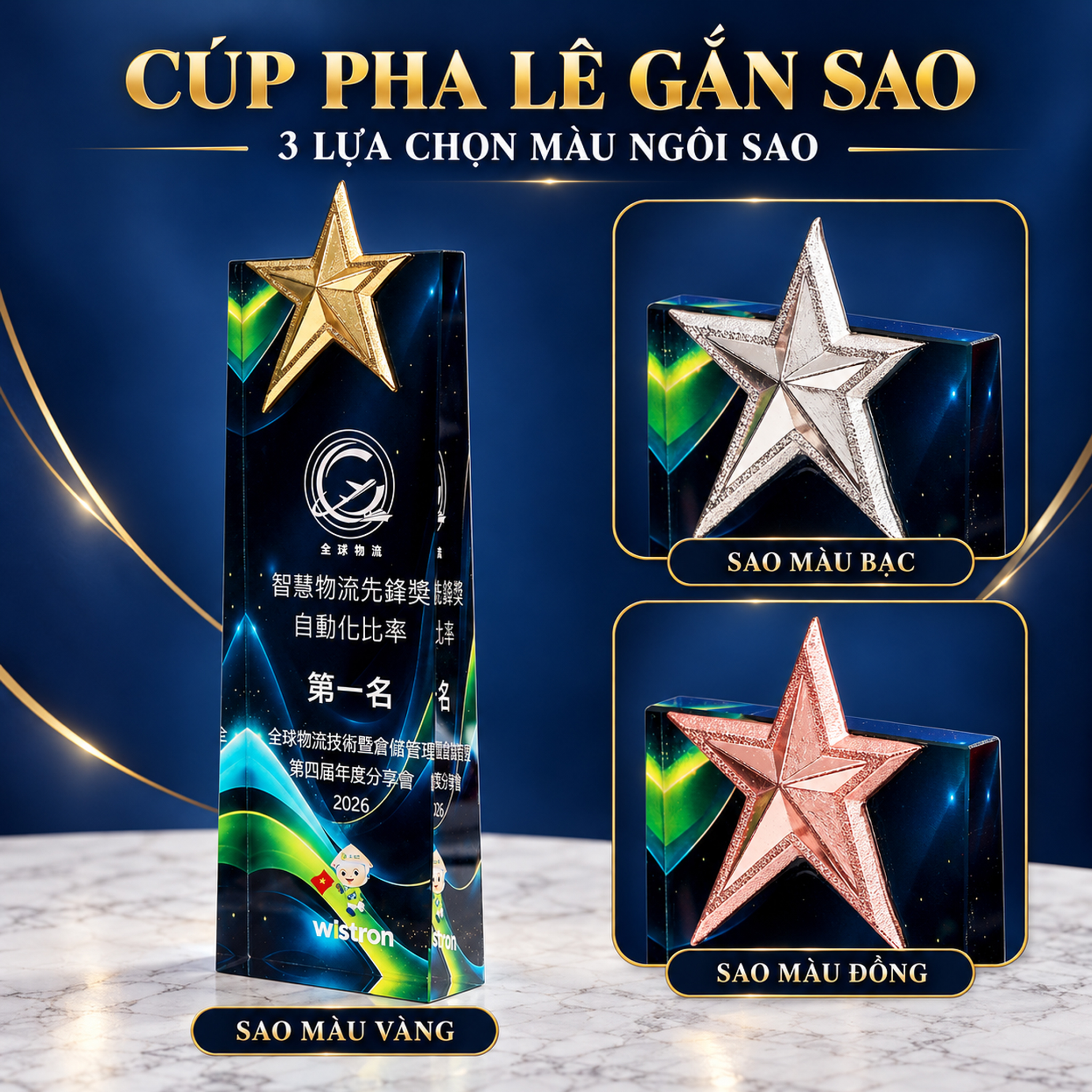 Cúp Pha Lê Ngôi Sao Vàng Bạc Đồng