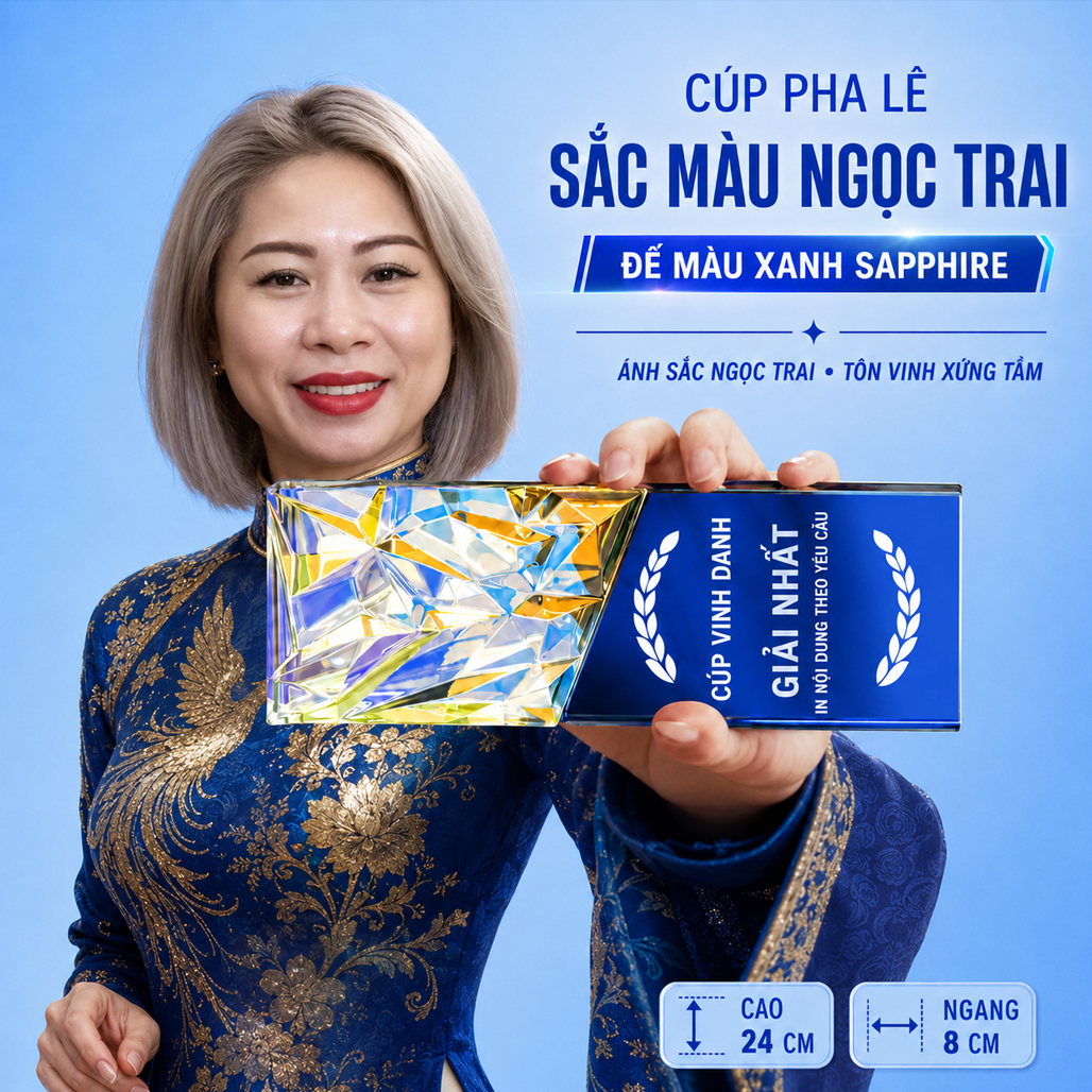 Cúp Vinh Danh Pha Lê Sắc Mầu Đế Xanh