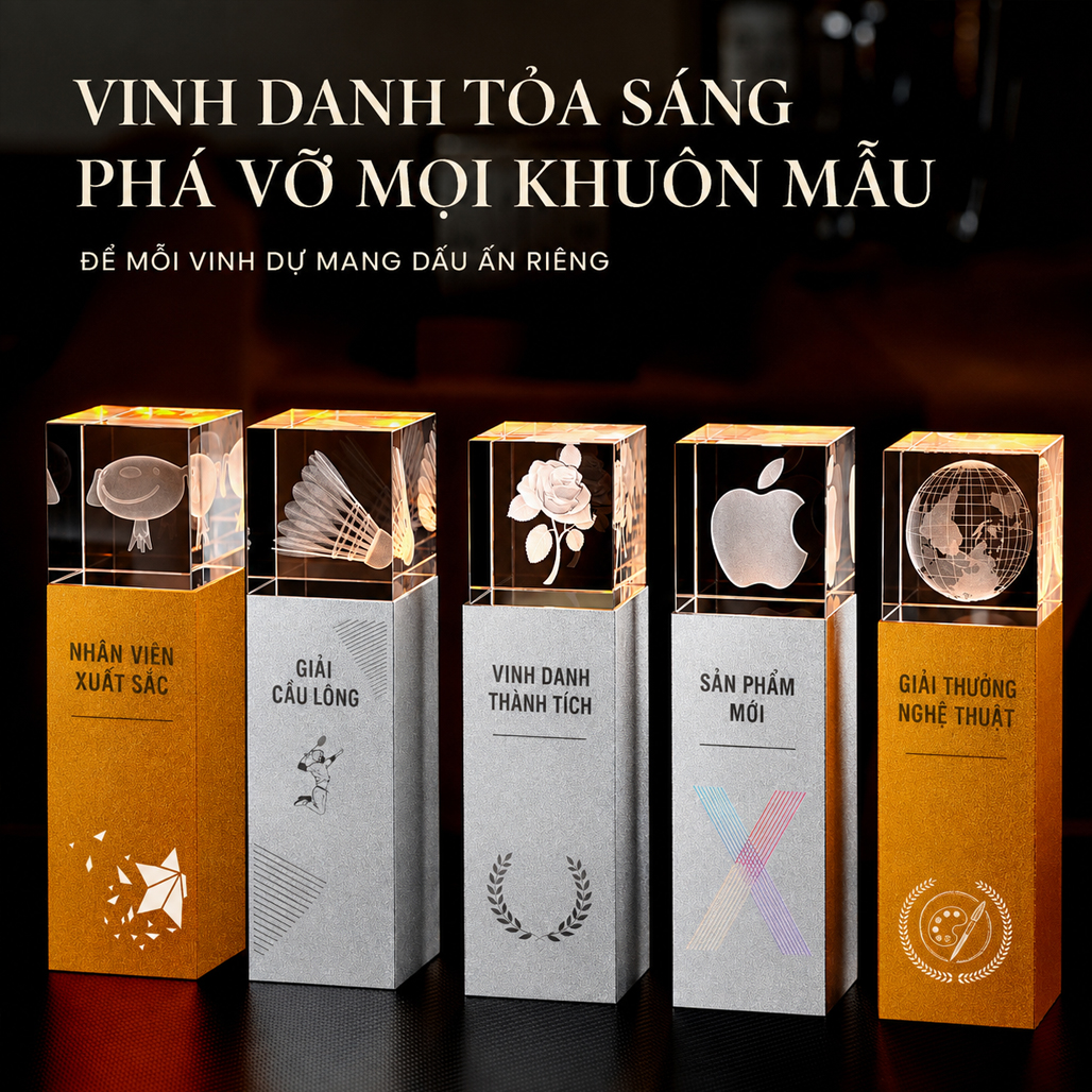 Cúp Vinh danh Pha Lê Trụ Cao Cấp Khắc Logo 3D Bên Trong In Nội Dung Theo Yêu Cầu
