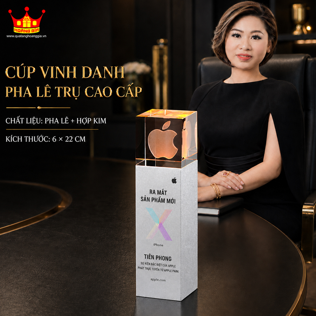 Cúp Vinh danh Pha Lê Trụ Cao Cấp Khắc Logo 3D Bên Trong In Nội Dung Theo Yêu Cầu