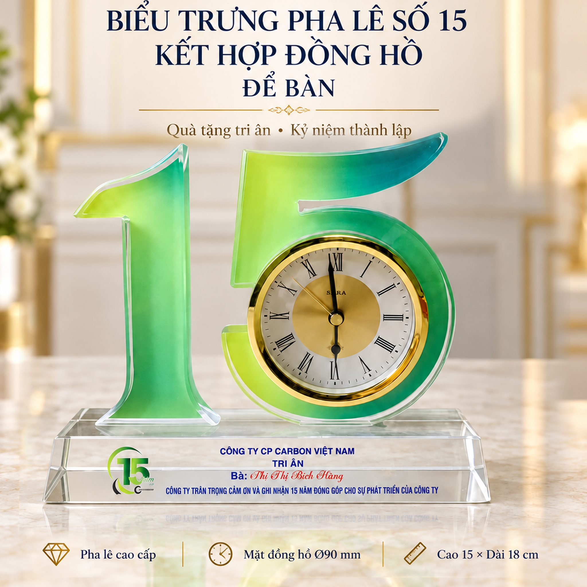 ĐHĐB90- Biểu Trưng Pha Lê Số 15 Kết Hợp Đồng Hồ Để Bàn