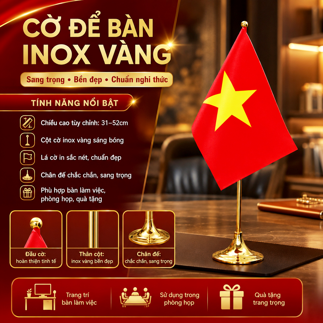 Đế Cắm Cờ Để Bàn Làm Việc Inox Vàng CĐB 121A