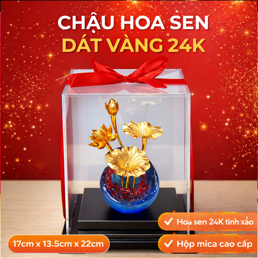 Đồ Trang Trí Chậu Hoa Sen Dát Vàng 24K QTV 24