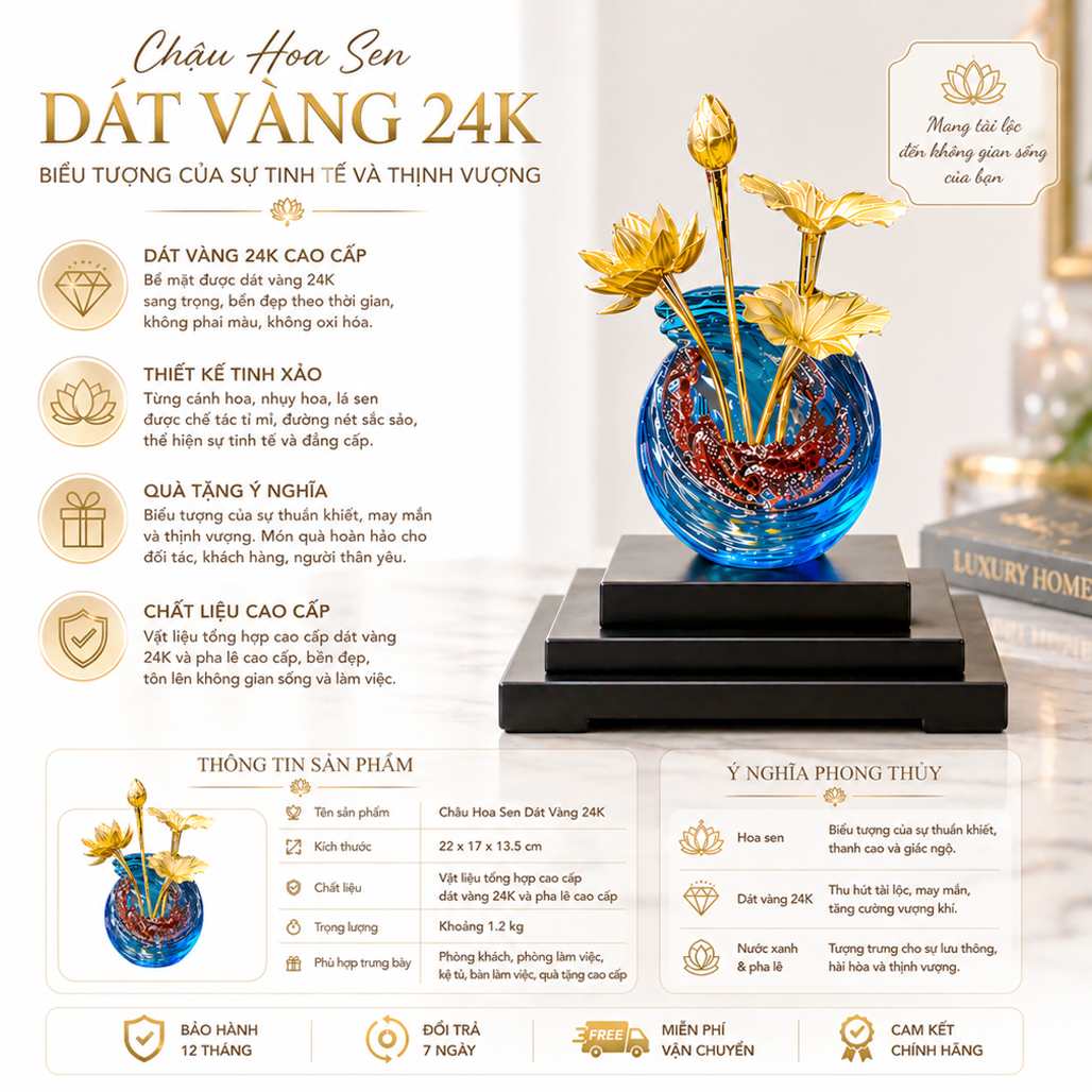 Đồ Trang Trí Chậu Hoa Sen Dát Vàng 24K QTV 24