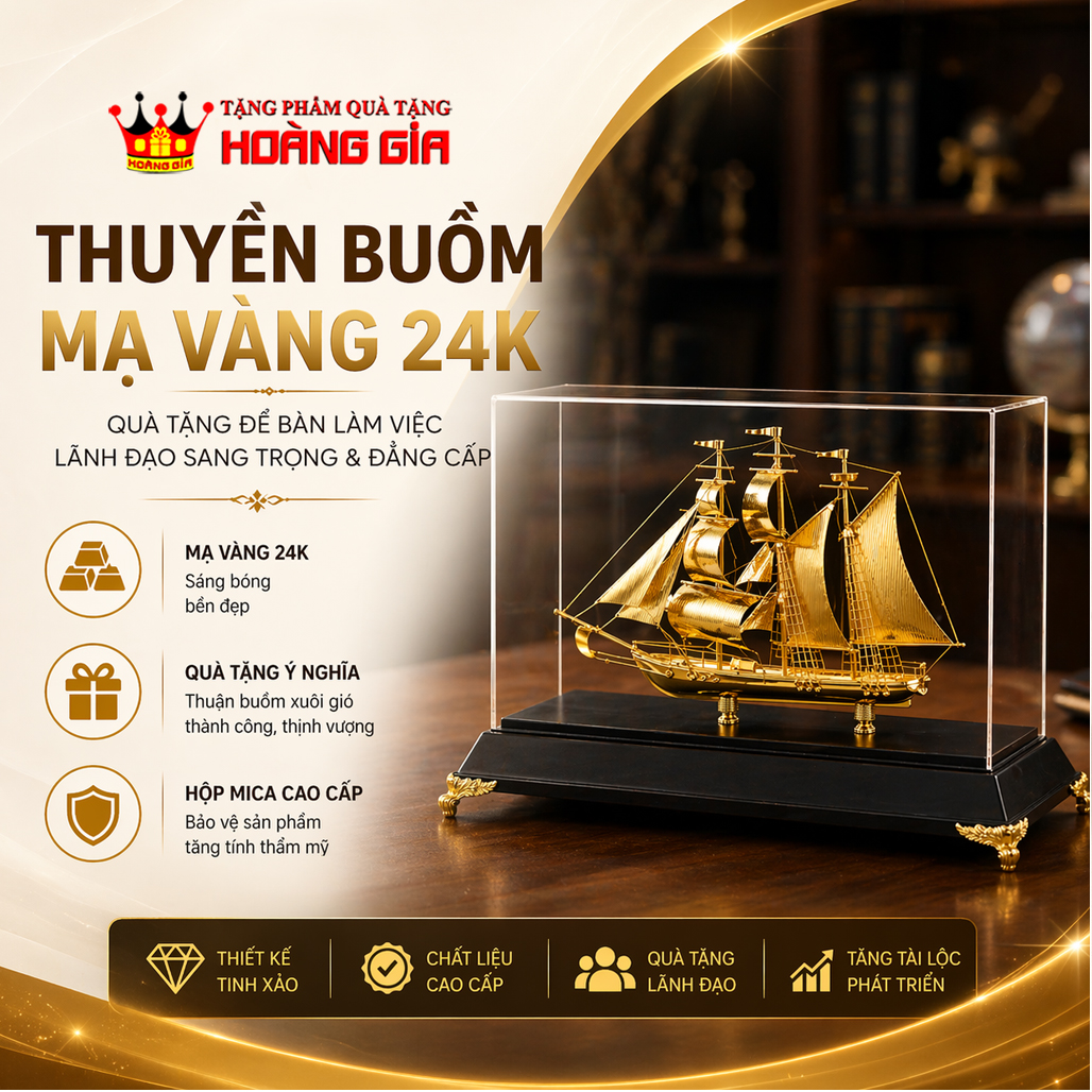 Quà Tặng Mạ Vàng Thuyền Buồm Mạ Vàng 24K Trang Trí Bàn Làm Việc Lãnh Đạo Sang Trọng QTV 32