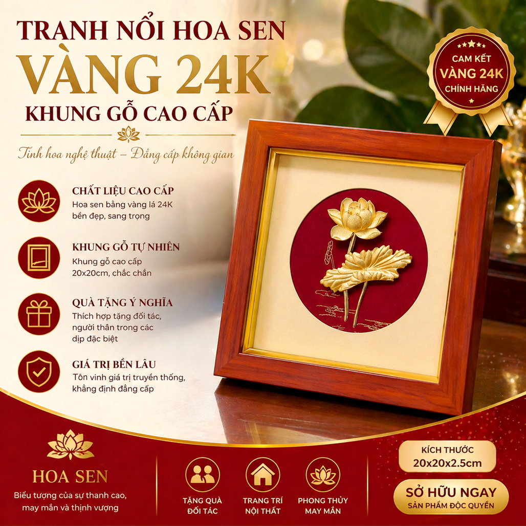 Đồ Trang Trí Tranh Hoa Sen Vàng 24K QTV 13