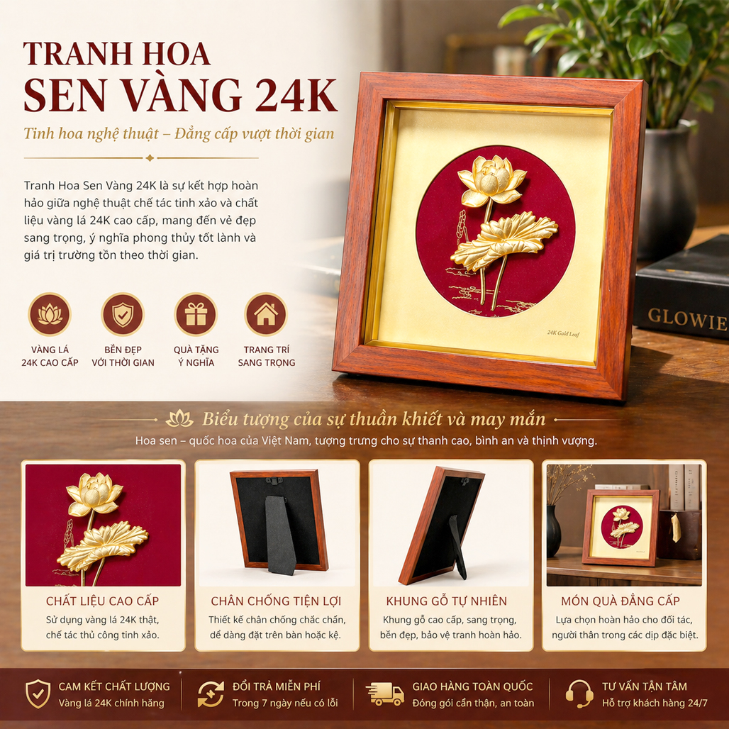 Đồ Trang Trí Tranh Hoa Sen Vàng 24K QTV 13
