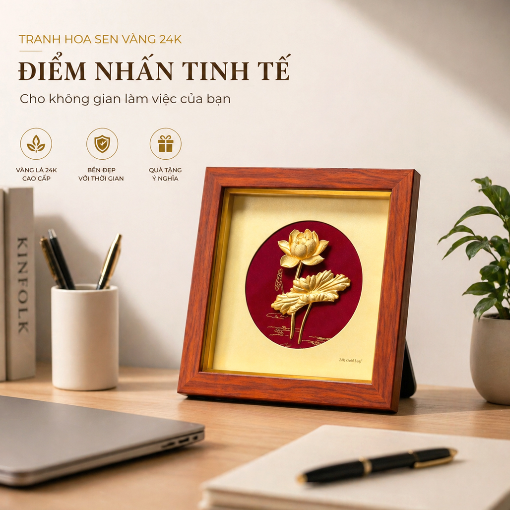 Đồ Trang Trí Tranh Hoa Sen Vàng 24K QTV 13