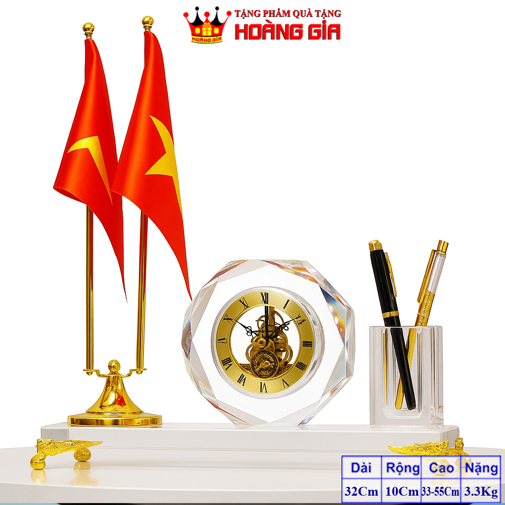 Bộ Đồng Hồ Cắm Bút Pha Lê Kết Hợp Đế Cắm Cờ Để Bàn Làm Việc
