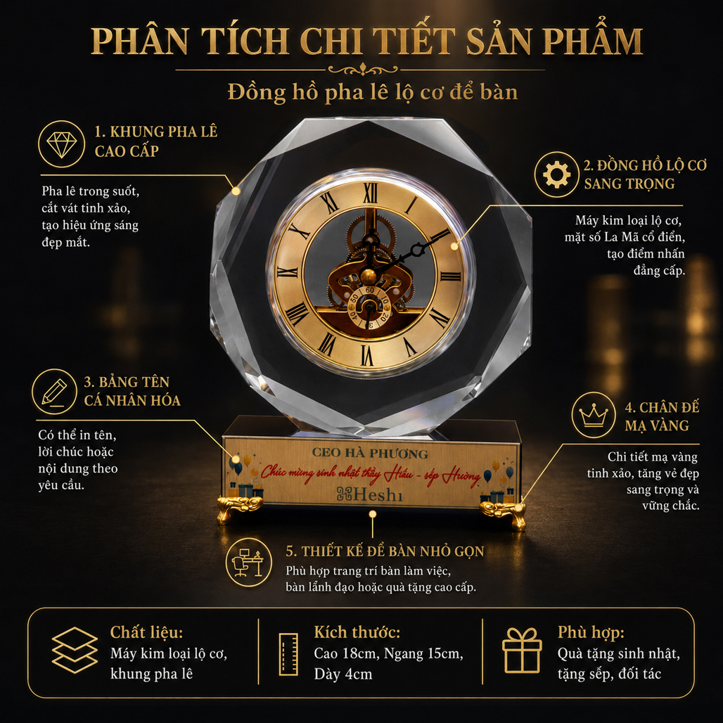 Đồng Hồ Pha Lê Bát Giác Lộ Cơ Quà Tặng Doanh Nhân
