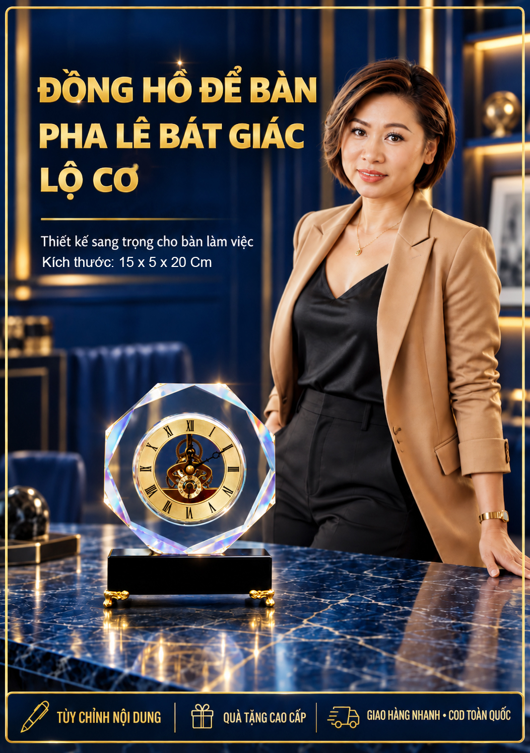 Đồng Hồ Pha Lê Bát Giác Lộ Cơ Quà Tặng Doanh Nhân