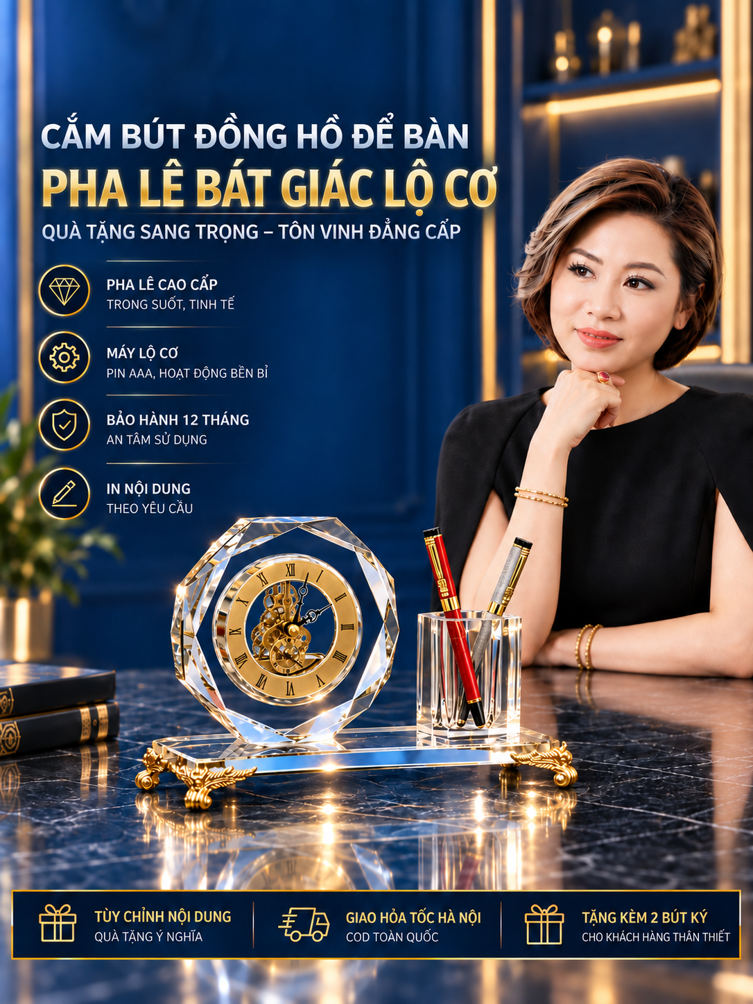 Cắm Bút Đồng Hồ Pha Lê Bát Giác Lộ Cơ