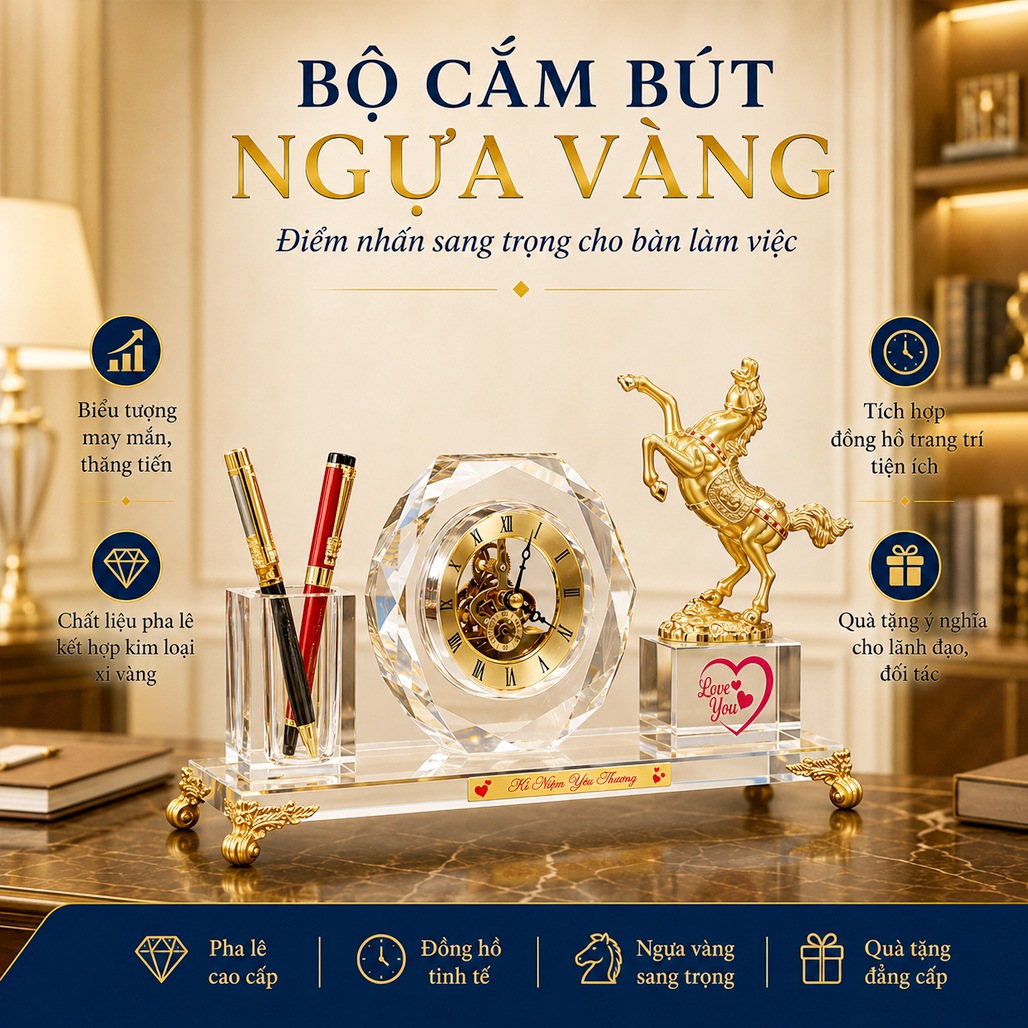 Quà tặng doanh nhân đồng hồ pha lê mã đáo thành công