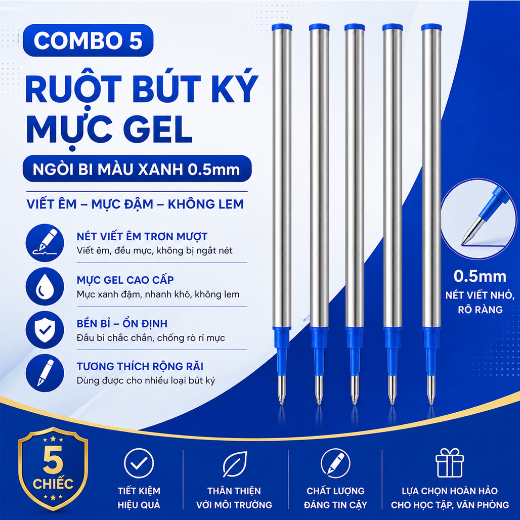 Ruột Bút Bi Ngòi 0.5mm Màu Xanh Mực Gel BQT 34A