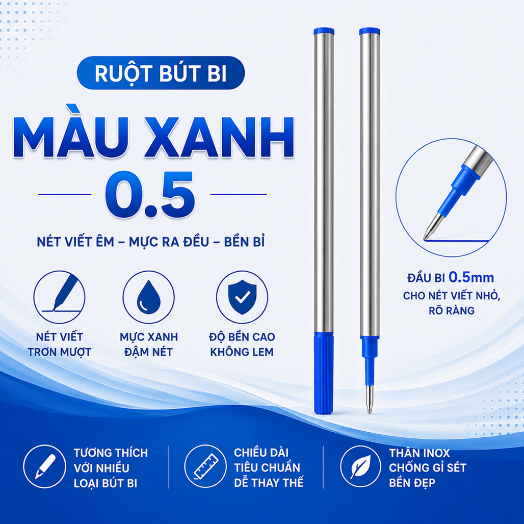 Ruột Bút Bi Ngòi 0.5mm Màu Xanh Mực Gel BQT 34A