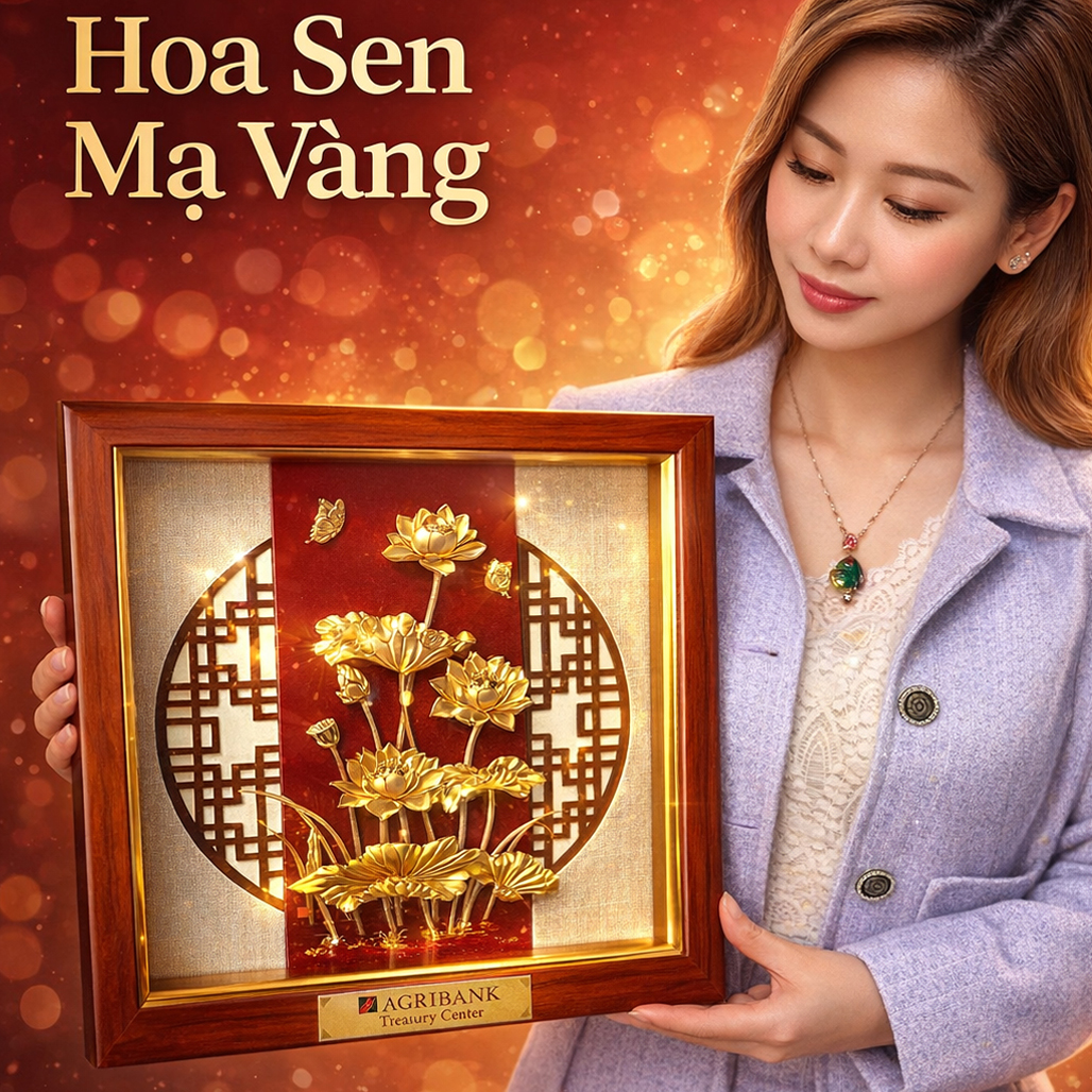 Tranh Hoa Sen Vàng 24K Nền Đỏ 30x30Cm