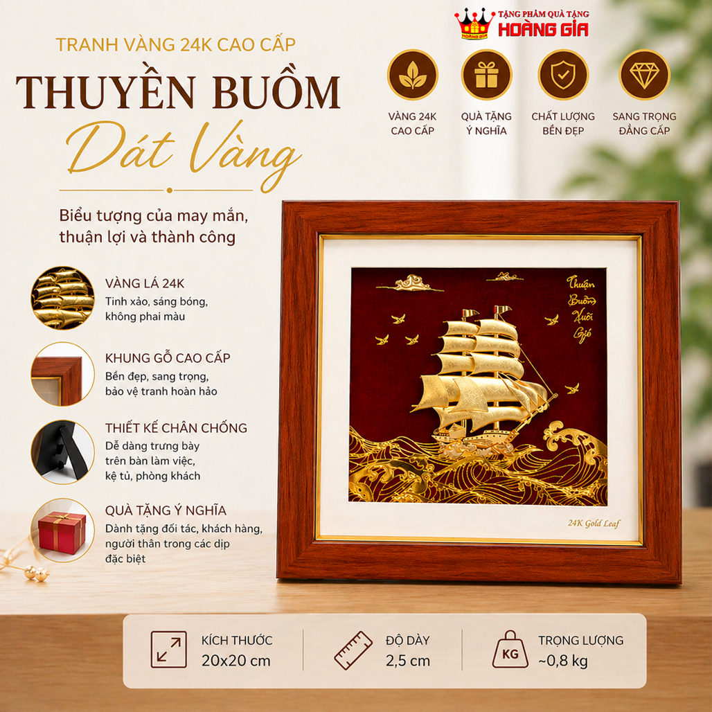 Tranh Thuyền Buồm Dát Vàng 24K Vuông 20x20Cm QTV 17