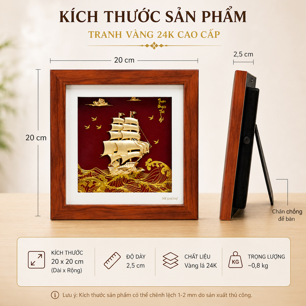 Tranh Thuyền Buồm Dát Vàng 24K Vuông 20x20Cm QTV 17