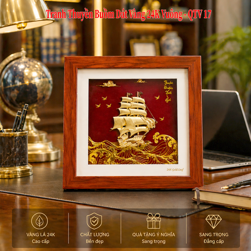 Tranh Thuyền Buồm Dát Vàng 24K Vuông 20x20Cm QTV 17