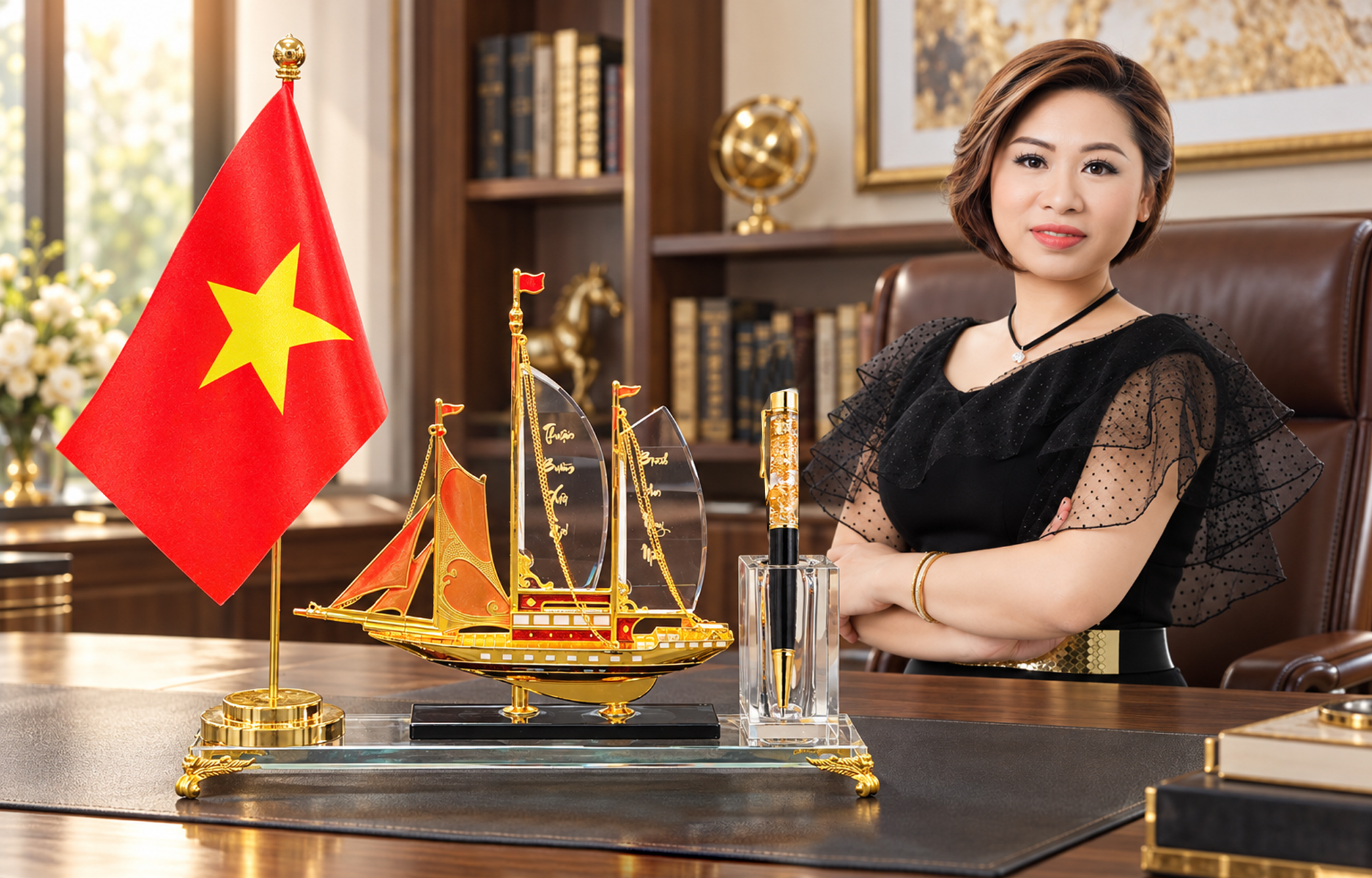 Bộ để bàn cắm bút pha lê du thuyền và cờ Tổ quốc trên bàn làm việc Banner.jpg