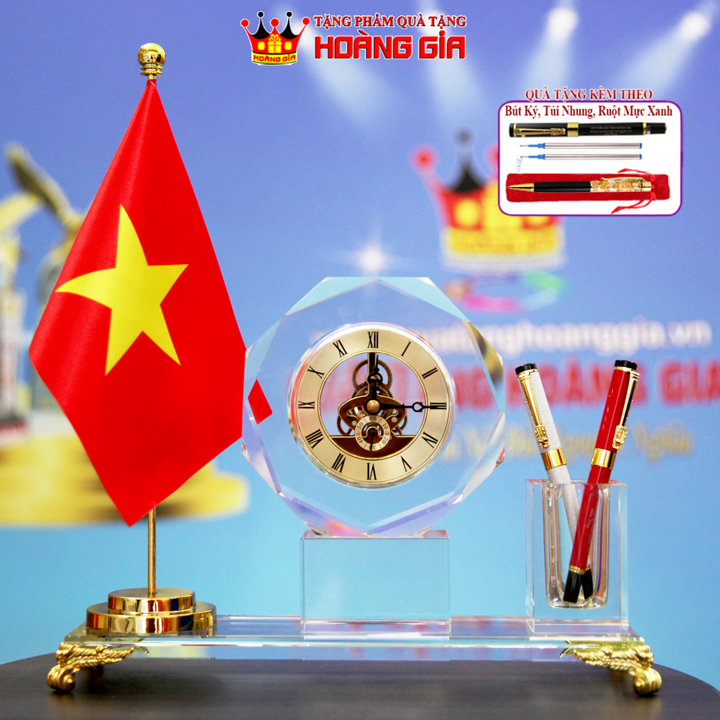 Đồng Hồ Cắm Bút Pha Lê Cờ Tổ Quốc