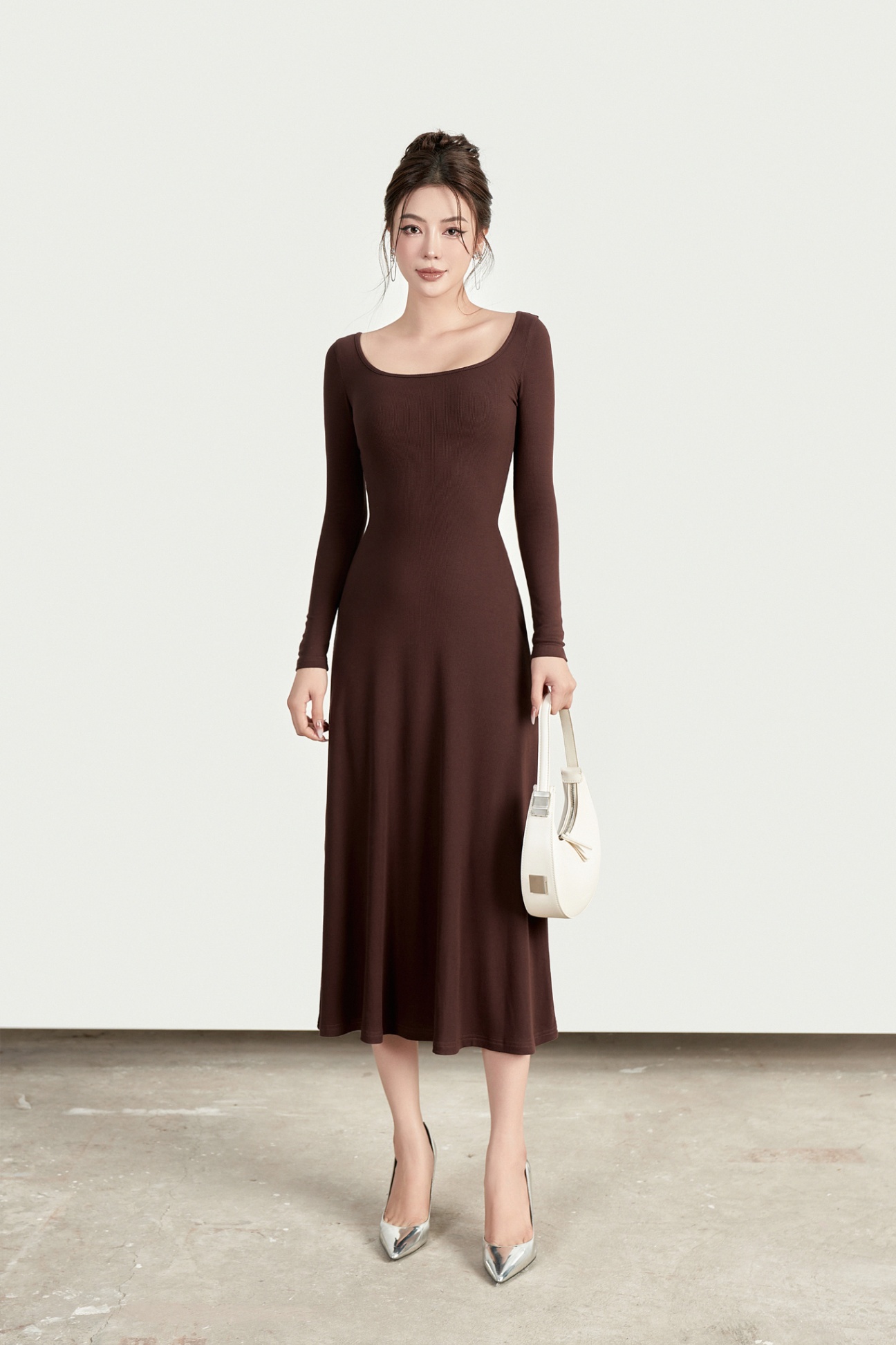 Váy Đầm - Dark Brown Long Sleeves Midi Dress