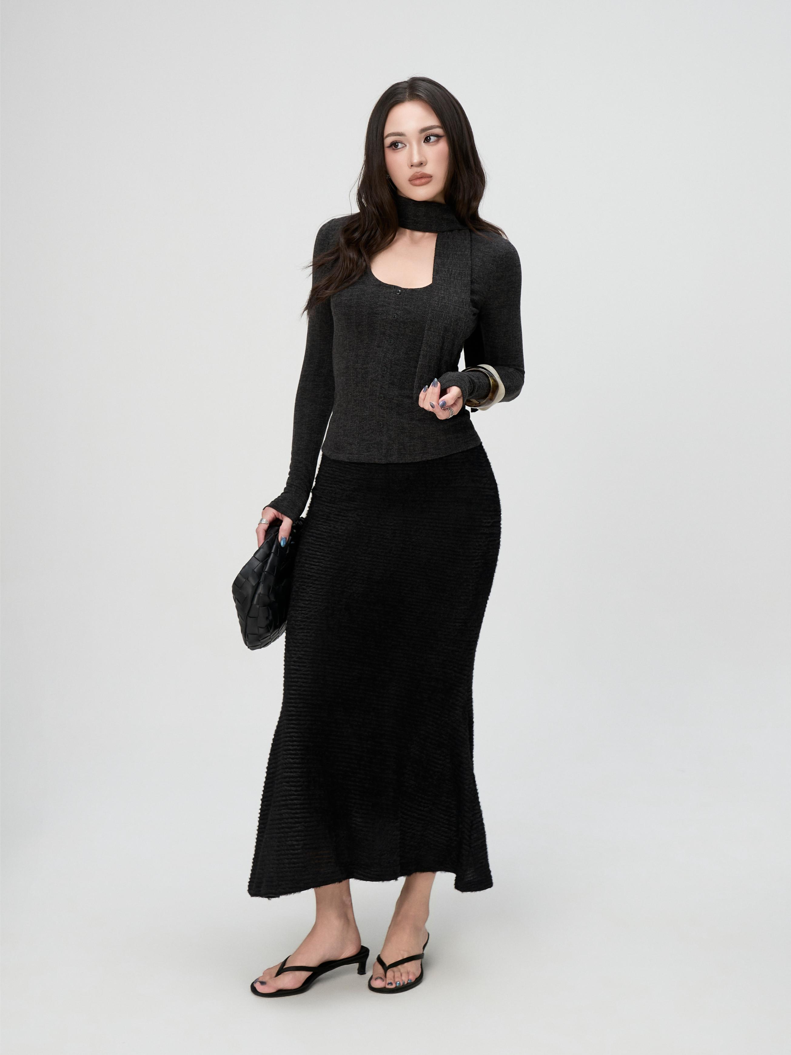 Áo Thun Nữ Dài Tay BUSY Cổ Khăn Ôm Dáng - DT38T-SX