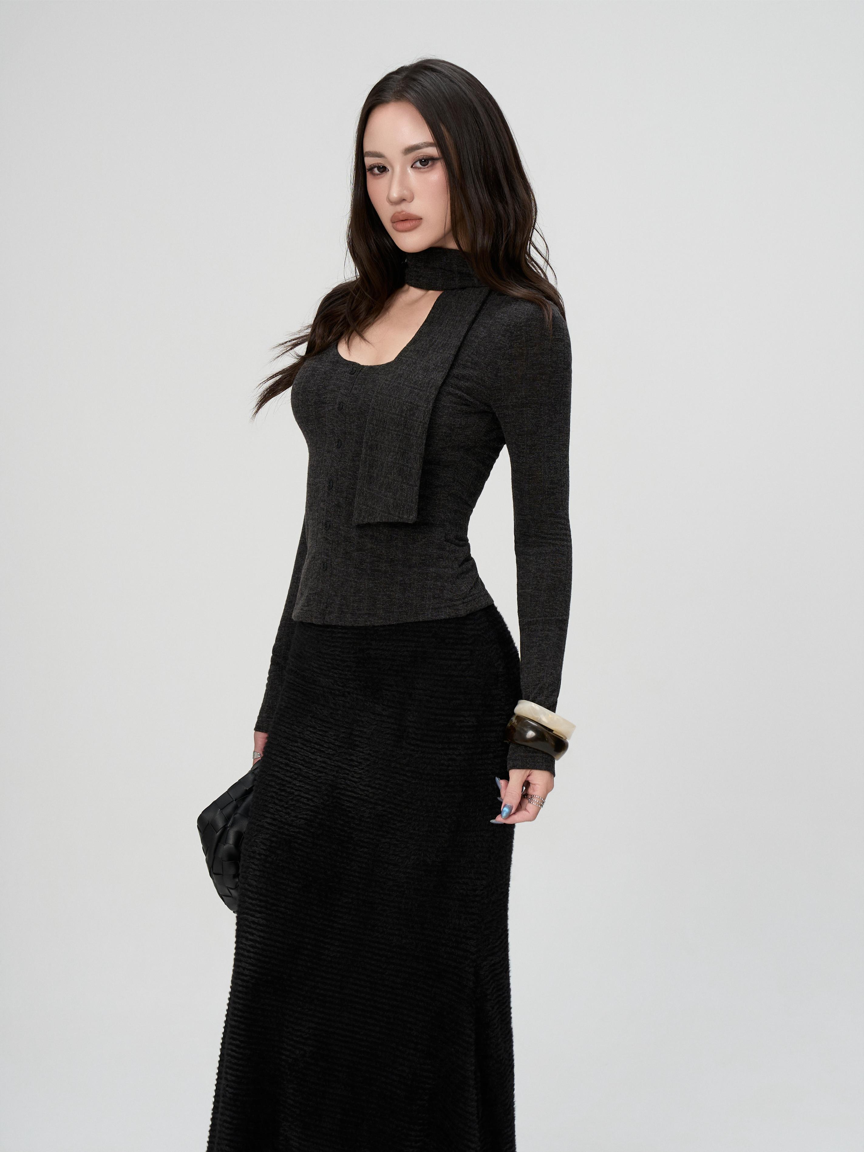 Áo Thun Nữ Dài Tay BUSY Cổ Khăn Ôm Dáng - DT38T-SX
