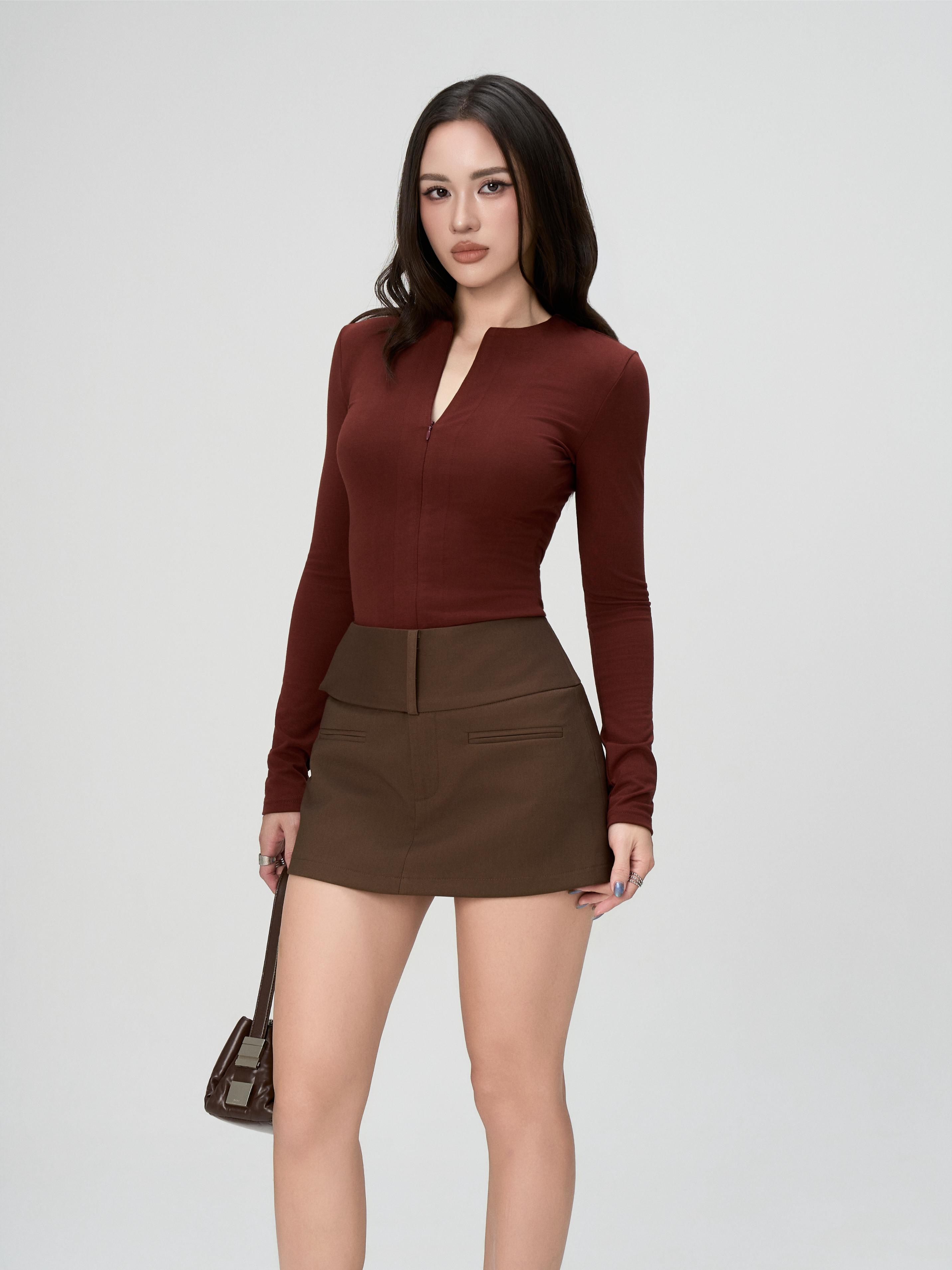 Áo Thun Nữ Dài Tay BUSY Cổ Tròn Khóa Ôm Dáng - DT15T-2