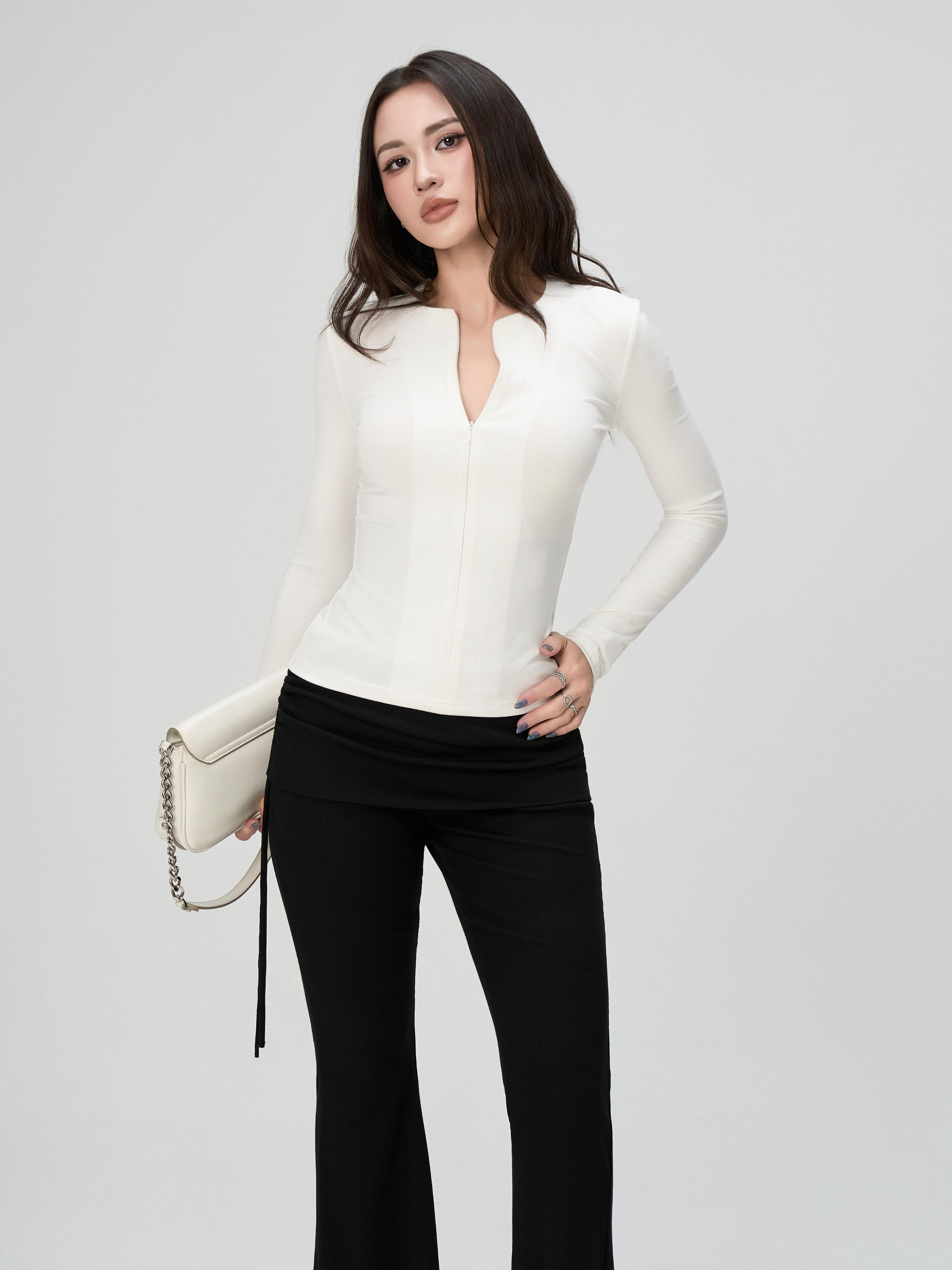 Áo Thun Nữ Dài Tay BUSY Cổ Tròn Khóa Ôm Dáng - DT15T-2