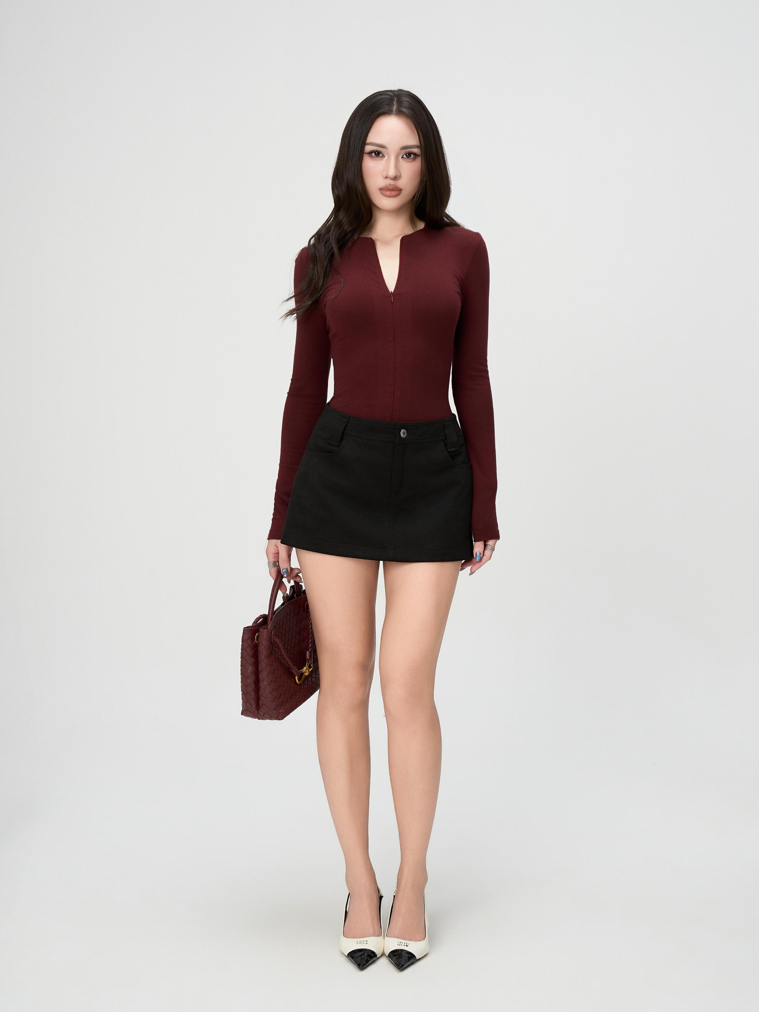 Áo Thun Nữ Dài Tay BUSY Cổ Tròn Khóa Ôm Dáng - DT15T-2